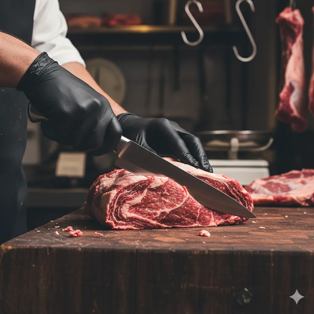 Découpe de morceaux de bœuf sur le billot