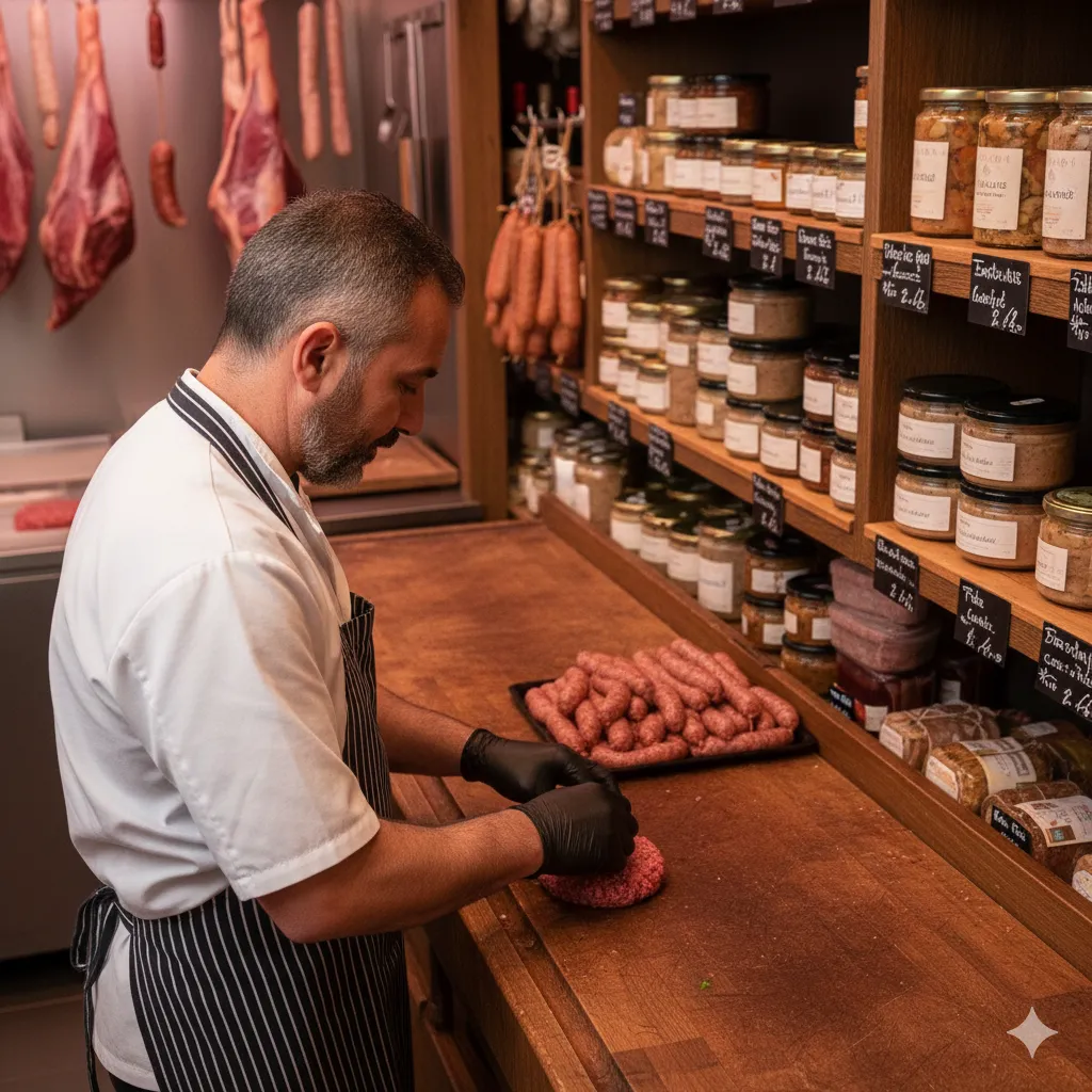 Préparation artisanale de saucisses et charcuteries
