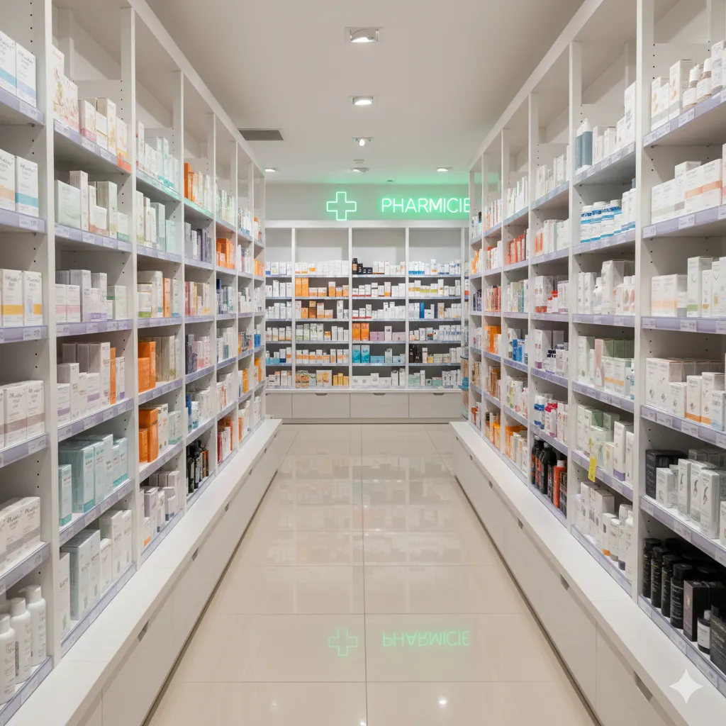 Rayons de médicaments et parapharmacie bien organisés