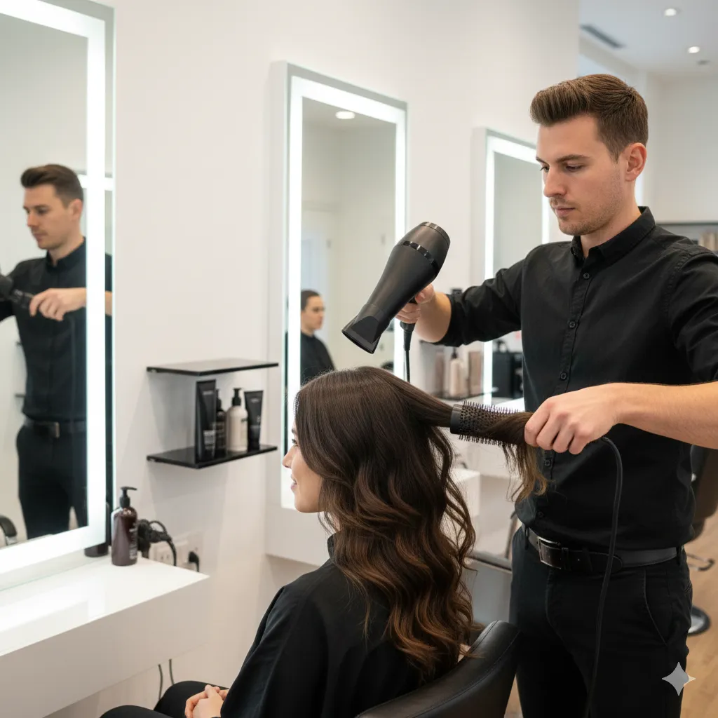 Poste de coiffage avec miroir, brosses et produits capillaires