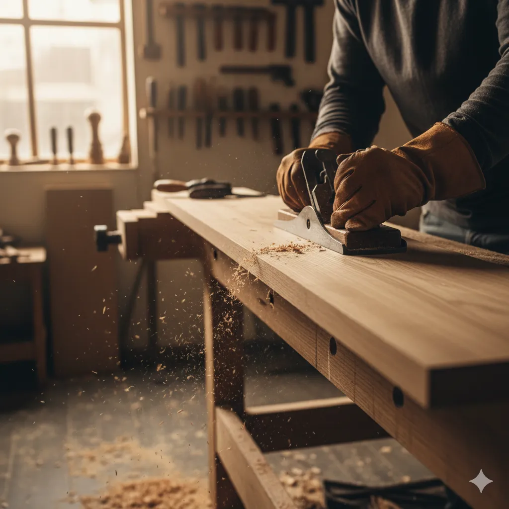 Dans mon atelier lumineux, je façonne le bois avec précision et passion