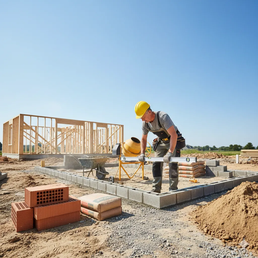 Pose des fondations sur chantier ensoleillé