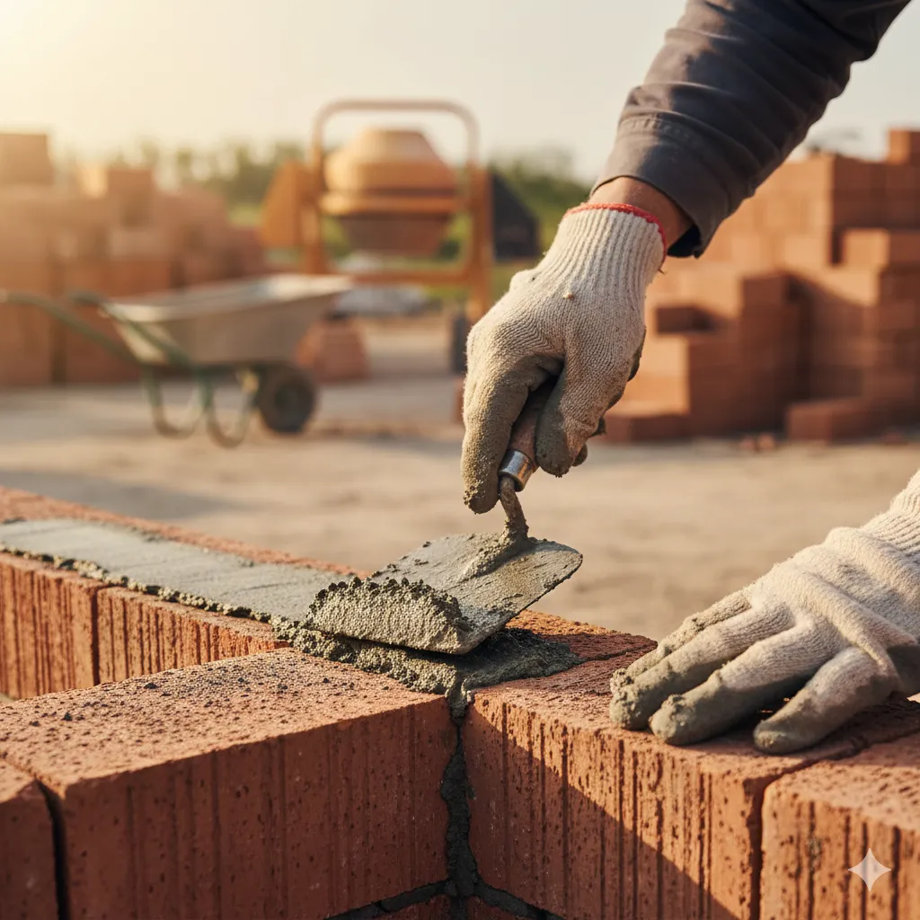 Application de mortier entre briques rouges