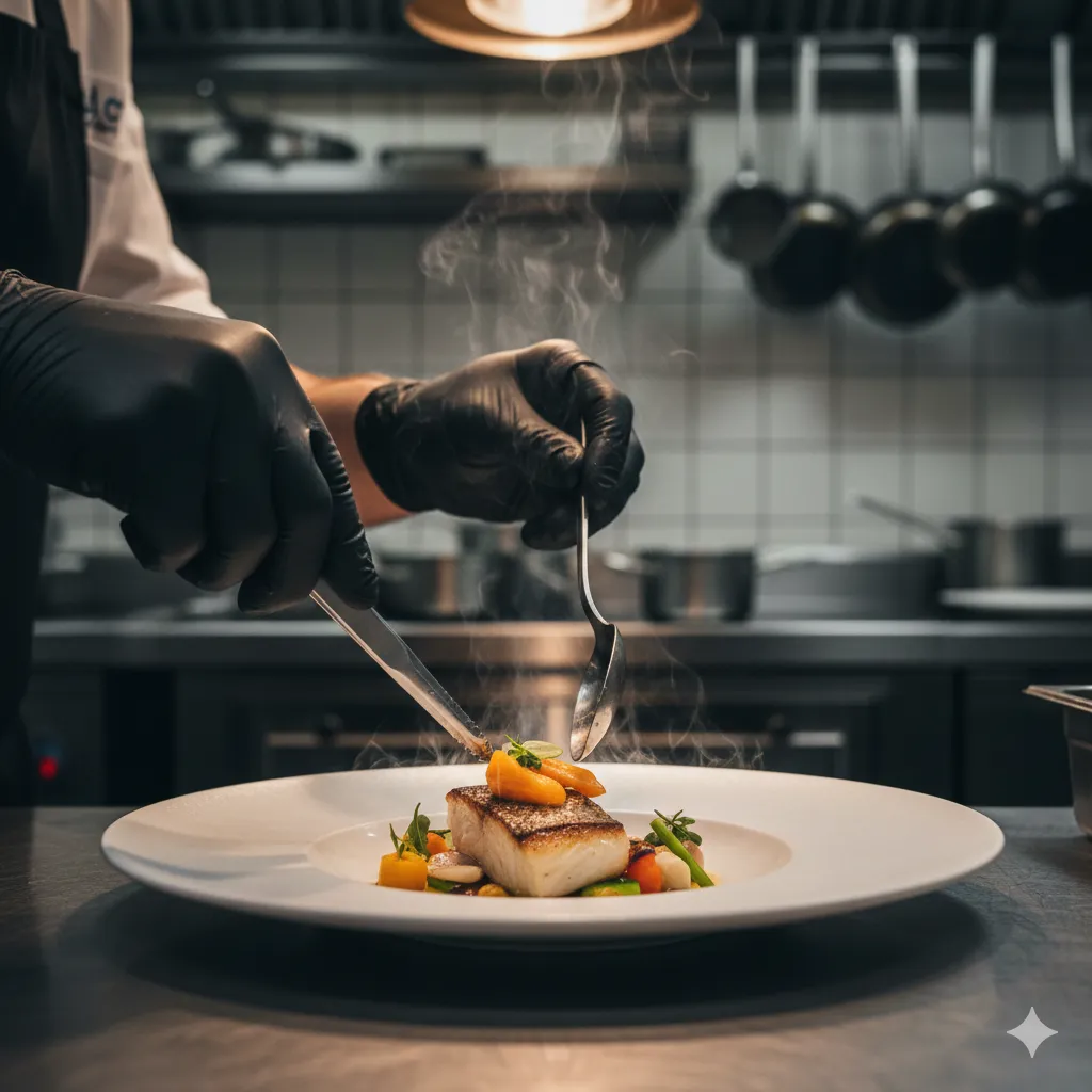 Le chef dressant une assiette gastronomique en cuisine